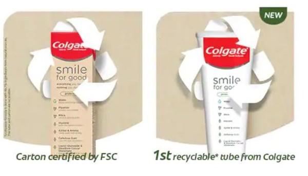 콜게이트는 치약 용기를 종이가 아닌 재활용이 가능한 용기로 전환하였다. 이는 2014년 모든 포장재를 재활용할 것을 약속하는 콜게이트의 지속가능성 목표에 기반한다./사진=콜게이트