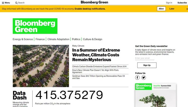글로벌 미디어 그룹인 블룸버그가 기후변화를 전문적으로 다루는 온라인 멀티 뉴스 플랫폼인 '블룸버그 그린'을 지난 1월 출시해 주목받고 있다./블룸버그 그린 홈페이지