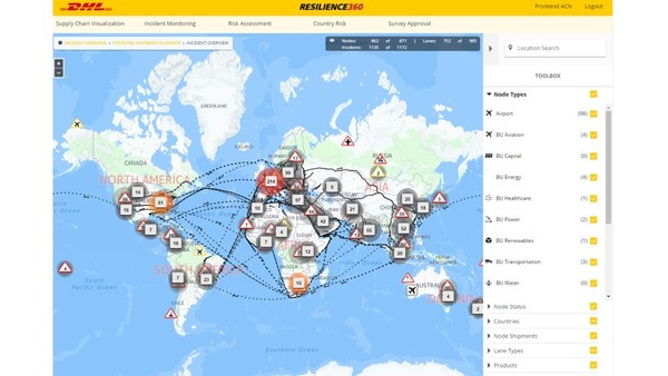  글로벌 생산·유통 네트워크를 지도로 매핑하여 여러 리스크를 실시간 확인할 수 있게 했다/DHL