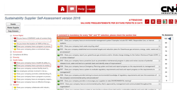 공급망 협력업체는 CNHI그룹이 요구하는 준수 사항에 따라 자체 평가를 한다/CNHI그룹