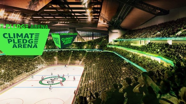 아마존은 시애틀의 키아레나 경기장을 기후공약 경기장(Climate Pledge Arena)으로 새롭게 명명하고, 세계 최초의 넷제로 경기장으로 탈바꿈시키는 중이다./ Climate Pledge Arena 홈페이지