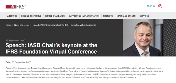 한스 후거보스트 국제회계기준위원회(IASB) 의장은 "지속가능성은 점점 더 경제문제가 되고 있다"고 밝혔다./IFRS