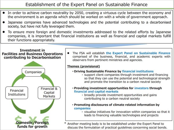 일본 금융청의 보고서 중 '전문가 패널 설립' 설명 부분. 2050년 탄소중립 달성을 위해선 금융기관과 자본시장이 함께 움직여 기업의 전환을 촉구해야 한다고 설명하고 있다. /보고서 일부 발췌