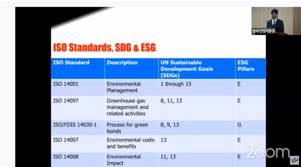 Degreorio 대표는 "ISO의 수많은 기준은 ESG와 SDGs의 목표에 맞는 실천 가이드라인으로써  활용할 수 있을 것"이라고 밝혔다. 한국에서는 한국인정지원센터가 ISO 인증을 담당한다. (출처=ISO 인증(경영시스템)을 통한 ‘ESG 경영전략’ 세미나)