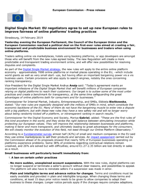 EU, 온라인 플랫폼 공정성·투명성 규정,  집행위는 EU는 온라인 플랫폼 시장의 동향과 동 규정의 집행상황을 모니터링하기 위해 "온라인 플랫폼 관측소(Online Platform Observatory)*를 설치했다        * 집행위 공무원들과 15명의 학계 전문가로 구성  (출처=유럽 집행위원회)