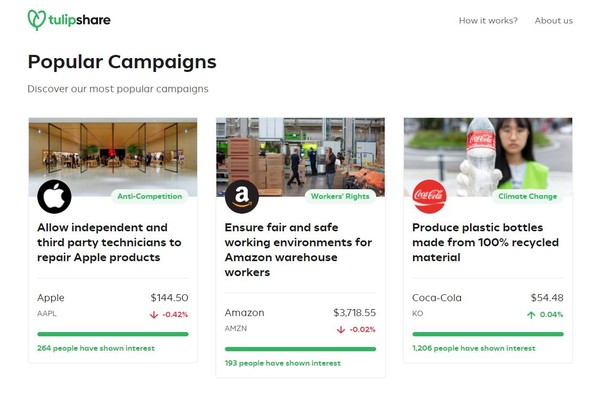 영국 스타트업 튤립 셰어는 개인 투자자들이 글로벌 기업에 직접 투자함으로써 기업에 환경적ㆍ사회적 책임을 요구하는 주주로서의 권리를 행사하도록 한다/튤립 셰어