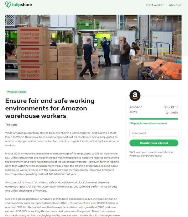 아마존 근로자 노동개선 캠페인/ 튤립셰어