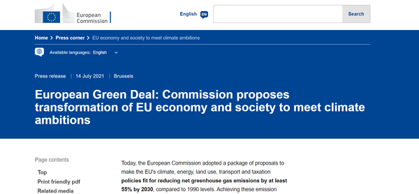 EU 집행위원회의 EU그린딜 관련 법안, 일명 'Fit for 55' 법안./EC 