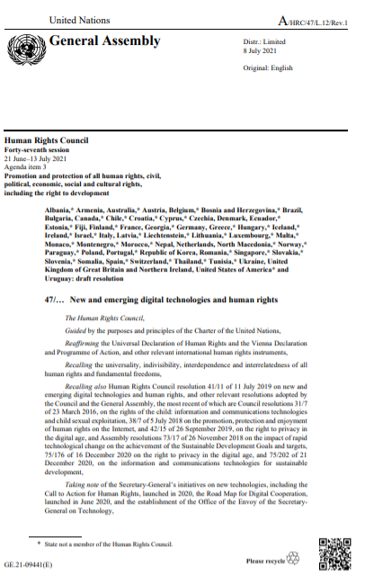 UN ‘신기술과 인권’ 결의안  (출처= UN 인권이사회)
