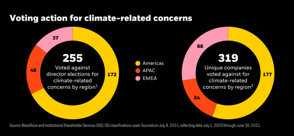 블랙록은 기후문제에 제대로 된 조치를 취하지 않은 기업에 대해 위임투표(proxy voting)에서 255명의 이사진 재선임에 반대표를 던진 것으로 드러났다.
