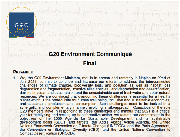 G20 환경장관들의 '기후대응 선언문'. 