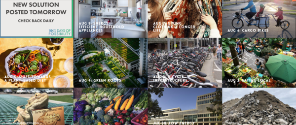 '100 일의 가능성' 이니셔티브는 매일 기후변화, 생물다양성 솔루션을 공개한다. 현재까지 19개 솔루션이 공개됐다.(=지구생태용량초과의날 홈페이지, https://www.overshootday.org/)