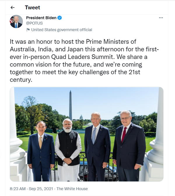 바이든 대통령이 쿼드 회담을 마친 후 트위터에 남김 4개국 정상 사진/트위터 캡처