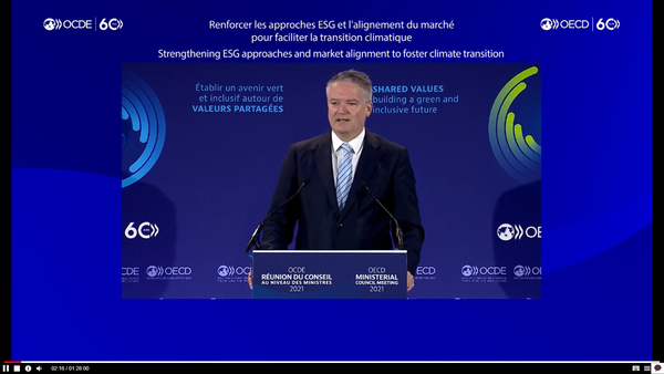 4일(현지시각) 이뤄진 OECD의 라운드테이블에서 마티아스 코만(Mathias Cormann) 사무총장은 “2022년까지 ‘전환금융에 관한 정의, 원칙, 실사 지침’을 갖춘 정책기조를 개발하고, ‘OECD 다국적기업 가이드라인’ 개정을 검토할 것”이라고 밝혔다.  
