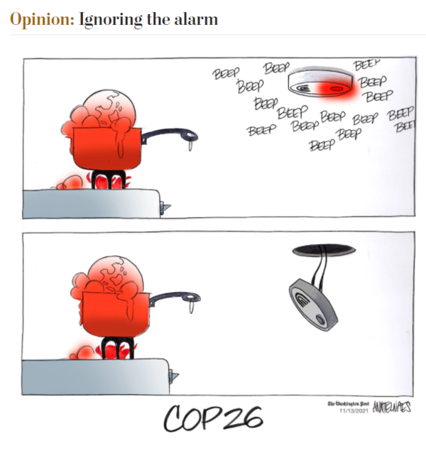 워싱턴포스트(WP)에 실린 만평.  COP26은 결국 기후위기 위험 신호를 무시했다는 내용이다./WP