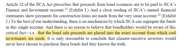 SEC에 보낸 조사 의뢰서의 일부. 단일 계정에서 채권 수익금과 석탄화력발전 대출금이 함께 관리되고 있다고 언급하고 있다./
