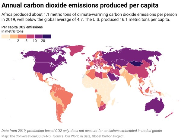 2019년도 국가별 1인당 연간 탄소배출량. 아프리카 대륙의 탄소배출비중은 3.8%에 불과하다./﻿OurWorldInData