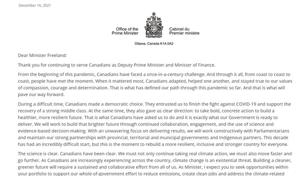 트뤼도 총리가 각계 장관들에게 보낸 위임장/ 캐나다 정부 홈페이지