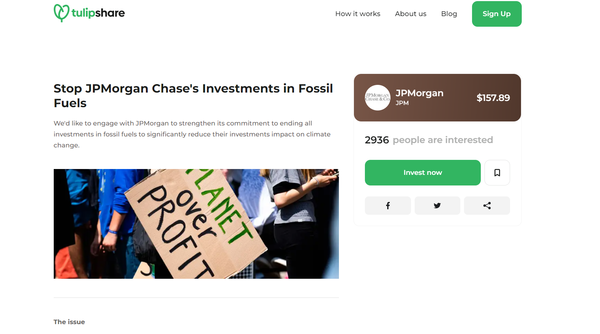 ESG 행동주의 투자자 스타트업인 '튤립셰어'의 JP모건 체이스 화석연료 반대 투자./튤립셰어