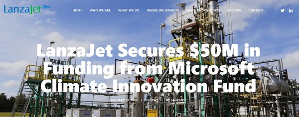 2030 탄소 네거티브를 목표화한 마이크로소프트는 지속가능항공연료 생산 기업인 란자제트의 에타올 기반 SAF 상용화를 위해 5천만 달러를 투자했다./ 란자제트