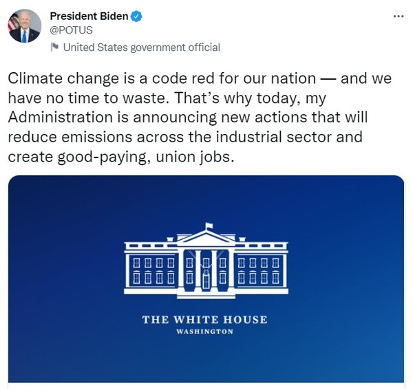 조 바이든 미국 대통령은 자신의 트위터에  정부의 새 기후 정책 소식을 알렸다/조 바이든 대통령 트위터 