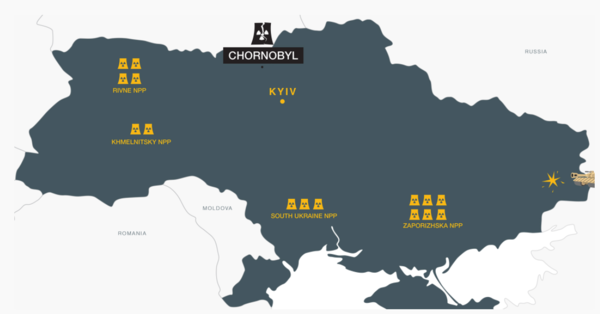 우크라이나 원자력 발전소 위치. 4개 발전소에서 15기의 원자로가 돌아가고 있다/Bankwatch network
