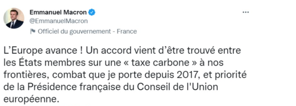 재무장관이사회의 합의가 나오고 프랑스 마크롱 대통령이 트위터에 쓴 글. "2017년부터 싸워왔고 장관들이 동의했다. 유럽은 전진했다"며 기쁨을 표했다. 4월 재선을 앞둔 마크롱 대통령에게 호재로 작용할 것이란 관측도 나온다./트위터