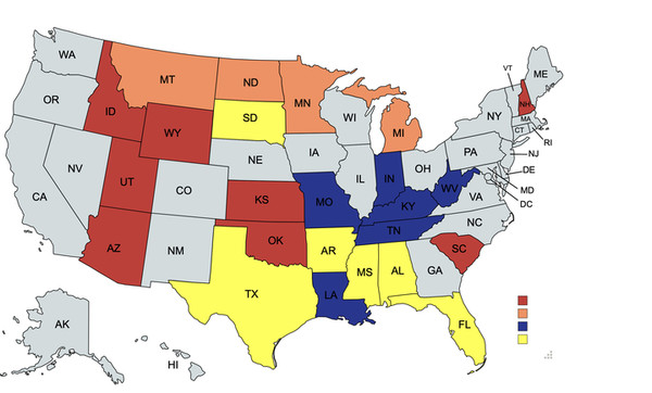 빨간색은 ESG반대 법안 제안된 주, 주황색은 ESG반대 법안 제안 약속한 주, 파란색은 ESG 배제 법안, 노란색은 내년 법안 발의 계획중인 곳./Heartland instititute