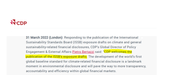 CDP는 "ISSB의 초안을 환영한다"며 "전 세계적으로 가장 효과적이고 영향력 있는 표준이 개발됐다"고 말했다./CDP