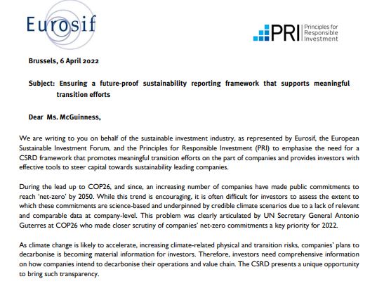 UN PRI와 Eurosif 등은 CSRD에 보다 강력하고 세분화된 넷제로 정보 공개 요구가 포함되어야 한다는 내용의 촉구 서한을 EU에 최근 전달했다./ Eurosif 