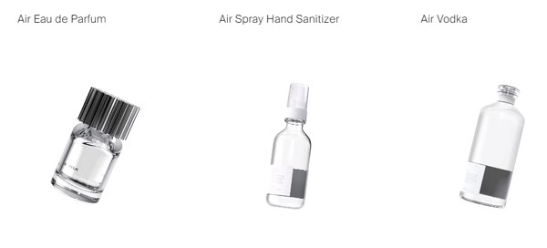 탄소로 제품을 만드는 에어 컴퍼니의 제품들. 왼쪽부터 향수, 손 세정제, 보드카/홈페이지