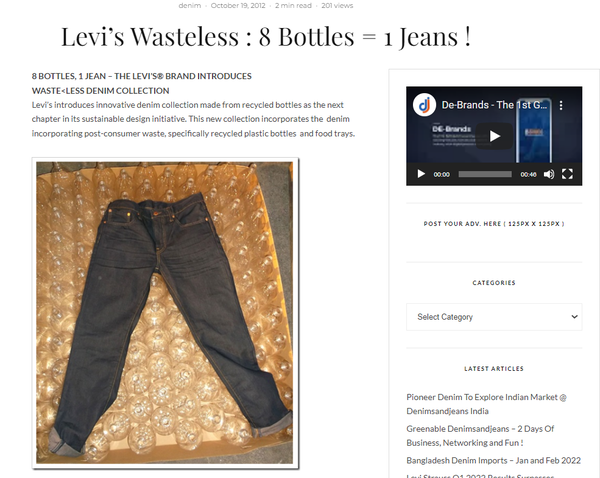 리바이스의 '웨이스트리스' 청바지로, 8개의 페트병이 1개의 청바지로 탄생한다는 내용을 담았다./리바이스