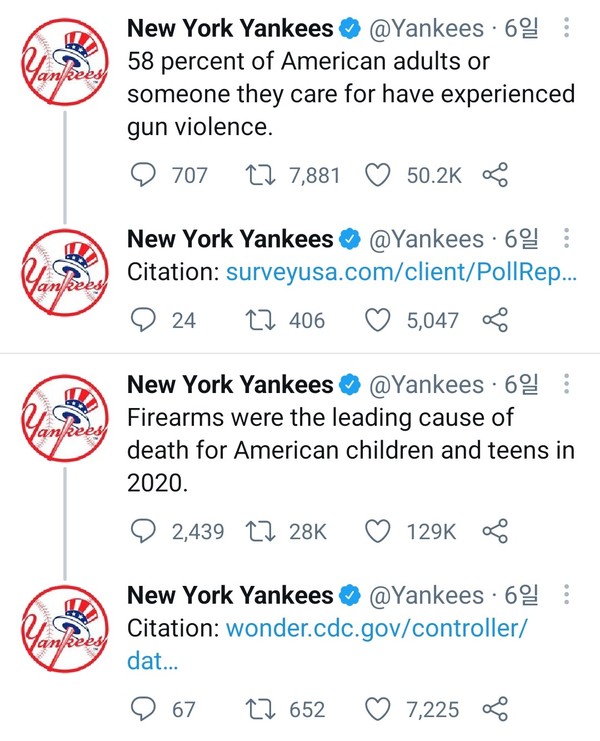 미국 메이저리그 야구팀, 뉴욕 양키스가 경기 시간 내내 총기 규제와 관련한 트윗을 올리며 목소리를 냈다/ 뉴욕양키스 트위터