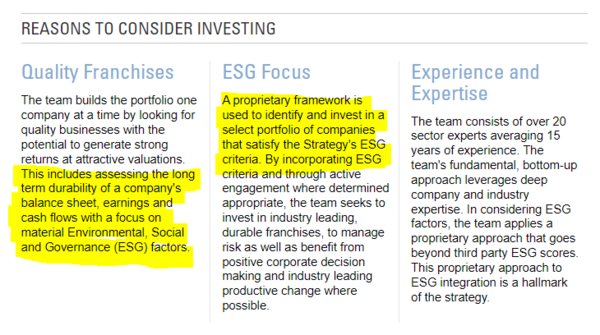 골드만삭스의 ESG 펀드 상품서에 담긴 ESG 언급 부문. ESG 심사 결과를 펀드에 통합한다고 나와있지만, 아래의 예외사항은 개략적인 펀드 설명에 따로 적혀있진 않다. /골드만삭스