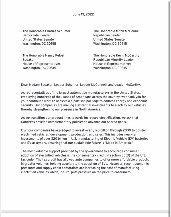 미국 자동차 회사 CEO가 미국 의회에 보낸 공동 서한의 모습./트위트 @davidshepardson