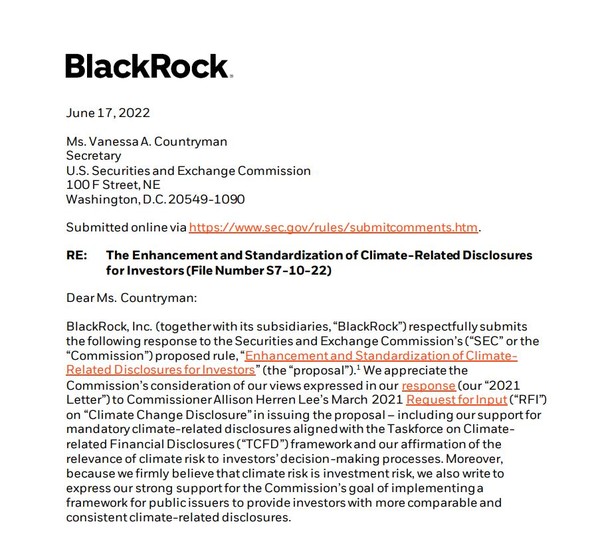 블랙록이 SEC에 기후공시 의무화 규칙이 TCFD에 맞게 내용이 조정될 필요가 있다는 서신을 보냈다./ 블략록