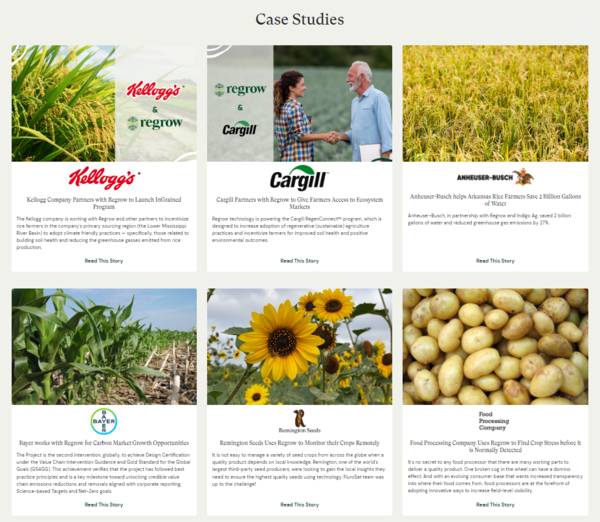 리그로우 어그리컬처는 자사 홈페이지에 각 기업과의 협업 사례를 소개했다. 주요 협업 사례로는 켈로그, 카길, 제너럴 밀스, 바이엘이 있다./Regrow Agriculture(https://www.regrow.ag/case-studies)