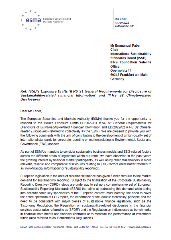 ESMA 측이 ISSB에 보낸 공문의 첫 장. 수신인은 파베르(Faber) 위원장으로 적혀있다./ ESMA