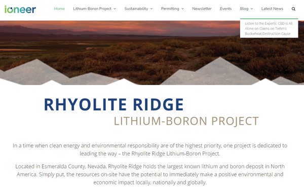 이오니어사가 개발하고 있는 미 네바다 주의 리튬 광산/홈페이지