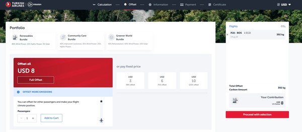 CO2 미션 플랫폼에서 전체 상쇄 탄소량을 확인할 수 있다/터키 항공