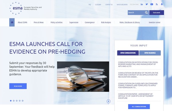 ESMA는 유럽집행위원회가 벤치마크 개정안을 제출하기에 앞서, 개선점을 제안했다./ESMA 홈페이지