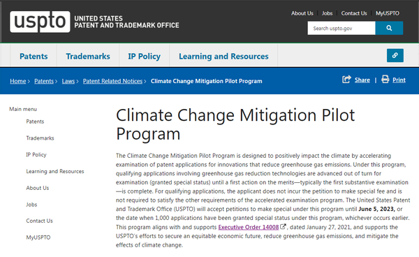 미국특허청의 기후변화 완화 파일럿 프로그램. 행정명령 14008과 연계해 기후 기술 개발을 돕는다./USTPO