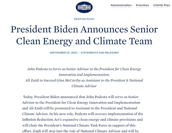 바이든 행정부는 포데스타가 청정에너지 기회를 활용할 수 있을 것이라 전망했다/ 백악관