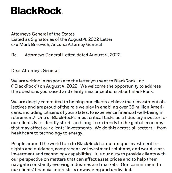 블랙록이 반 ESG 성향의 공화당 법무장관들이 보낸 서한에 대해 한달만에 답장을 해 주목을 받고 있다./블랙록