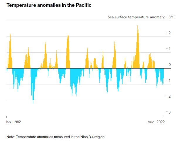 블룸버그에 따르면 지금은 1950년 라니냐가 극심해진 3년의 시기 이후 단 두 번 있었던 라니냐 극심기 정점에 서 있는 것으로 나타났다. /블룸버그