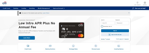 미국의 거대은행 중 하나인 시티은행 홈페이지