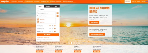 저가항공사 이지젯의 홈페이지