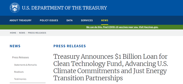 미국 재무부가 CTF에 9억 5천만 달러 규모의 대출 계획을 발표했다./ 미국 재무부 