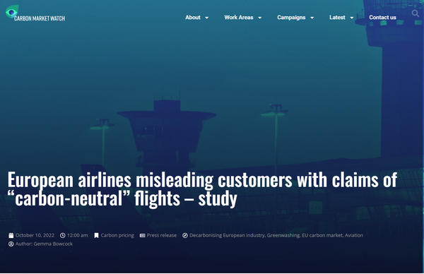 카본마켓워치의 보고서. 유럽 항공사의 소비자 오도를 지적했다./ CarbonMarketWatch