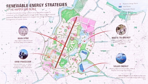 캘빈 추아 교수가 설계한 신도시 도면으로  빨간색 세로줄은 과거에 활주로가 있었던 자리다.ⓒ임팩트온